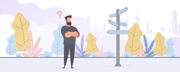 A vector image: A man waiting and thinking Infront of a road sign.