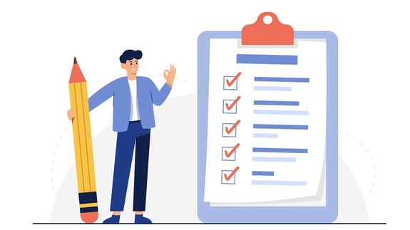 Illustration of a person holding a pencil next to a large checklist clipboard.