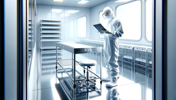 A cleanroom operator stands in a cleanroom, assessing the structural design