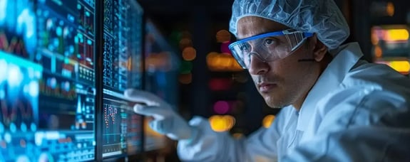 A cleanroom operator working in front of a computer in a cleanroom