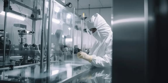 A cleanroom technician working with equipment in a sterile laboratory environment.
