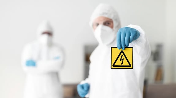 A cleanroom professional in full protective gear, including a white suit, face mask, and blue gloves, holds a yellow high-voltage warning sign with a black lightning bolt symbol, while a second similarly dressed person stands blurred in the background.