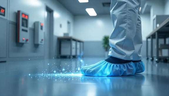 Person wearing cleanroom shoe covers in a controlled environment, with a glowing effect symbolizing electrostatic discharge (ESD) protection.
