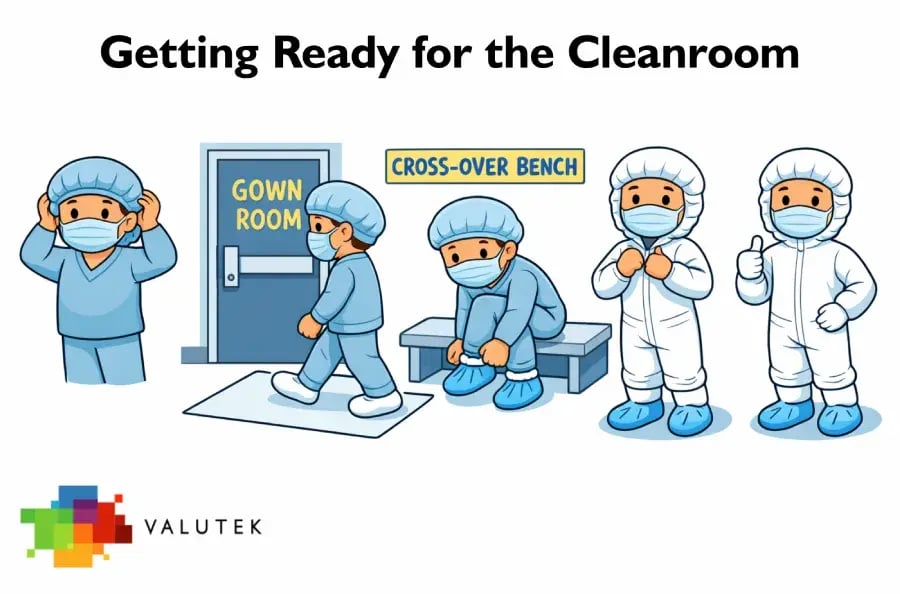 A cleanroom gowning process illustration showing operators preparing for entry to a cleanroom.