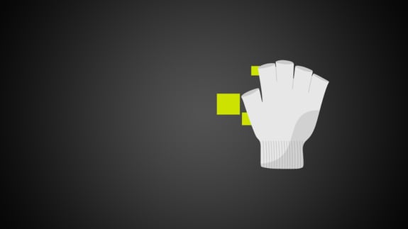 Minimal illustration of a white fingerless glove on a dark background with geometric yellow accents.