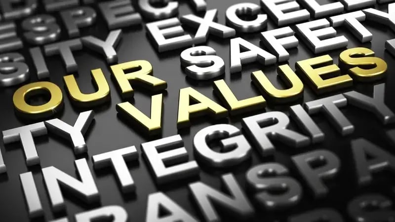3D illustration of "Our Values" text over black background.