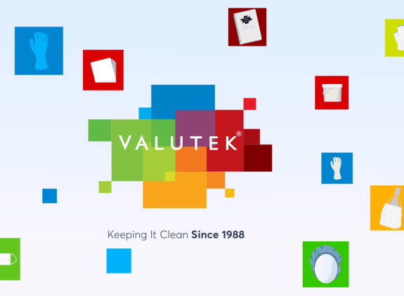 Colorful graphic with the Valutek logo and icons of cleanroom products, accompanied by the phrase 