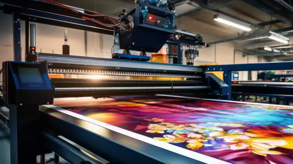 A large wide digital printer machine during production in background of modern print shop