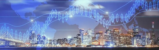 Nighttime waterfront city skyline with illuminated bridge and skyscrapers, overlaid on a translucent world map with neon-blue candlestick and line charts representing global financial data.