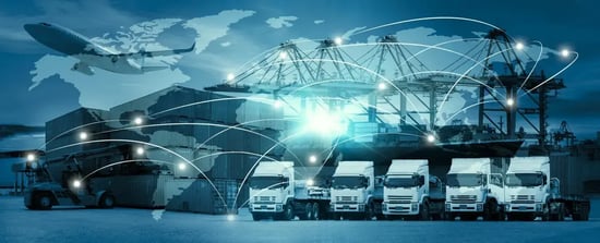 A digitally enhanced image of global logistics, featuring cargo trucks, shipping containers, cranes at a port, and a world map overlay with interconnected lines and nodes, symbolizing international supply chain networks