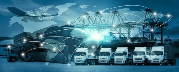 A digitally enhanced image of global logistics, featuring cargo trucks, shipping containers, cranes at a port, and a world map overlay with interconnected lines and nodes, symbolizing international supply chain networks