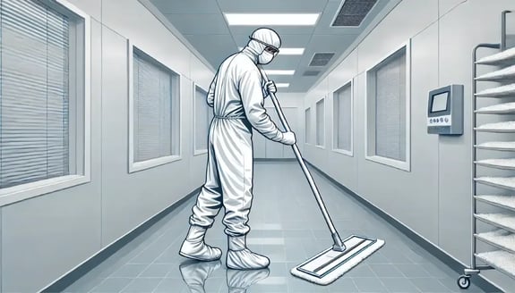 Style illustration of an adult cleanroom operator cleaning a cleanroom with a flat head mop.