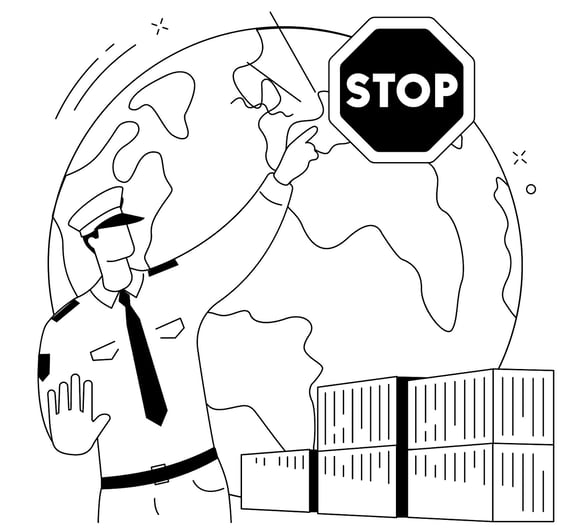 Line art illustration of a customs officer holding a stop sign in front of stacked cargo containers and a globe.