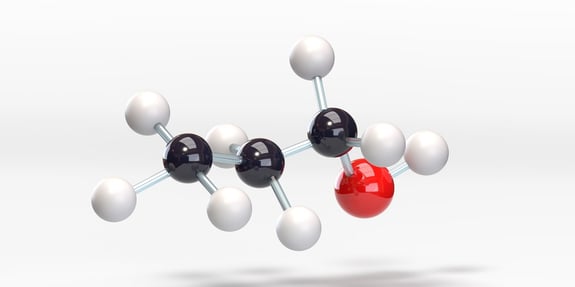 3D rendering of a propanol molecule (C3H8O) with carbon, hydrogen, and oxygen atoms.