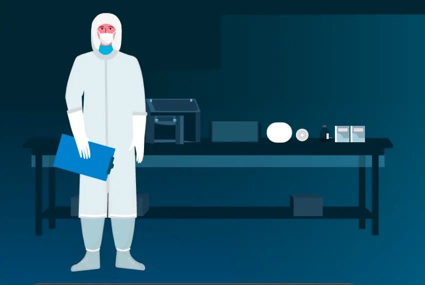 Illustration of a cleanroom operator in full gowning attire holding a clipboard, standing beside a lab workstation with cleanroom supplies.