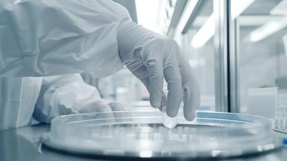 Close-up of a cleanroom technician's gloved hand placing a delicate sample into a circular analytical instrument inside a sterile, ISO-classified laboratory environment.