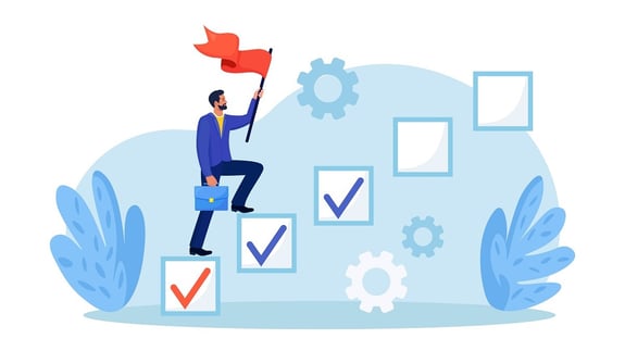 A businessman climbing qualification process check boxes