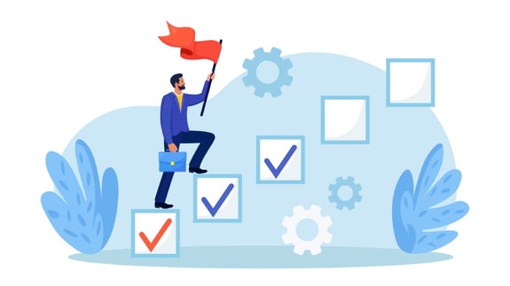 A businessman climbing qualification process check boxes