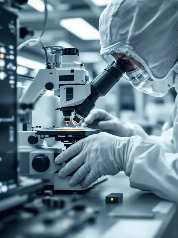 Researchers in cleanroom suits operate nanotech instruments in a bright, sterile nanofabrication lab with high-tech equipment and controlled conditions.